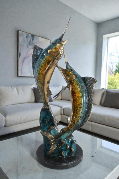 Two Marlin Bronze Sculpture Ocean Wave Game Fish 9"x9"x23"H