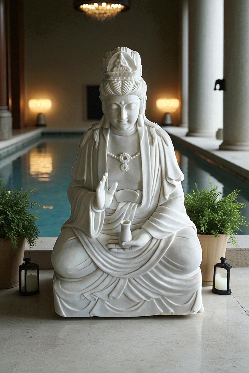 Giant Graceful Buddha in All White Marble Statue 20" x 25" x 44"H