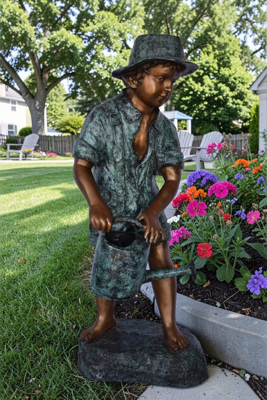 Standing Boy with Watering Can Bronze Statue - Size: 15"L x 15"W x 39"H.