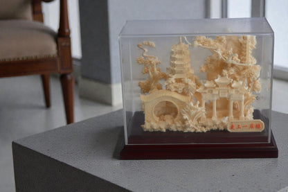 Carved Resin Chinese Garden Scene with Bridge in Case 8"x4"x7"H