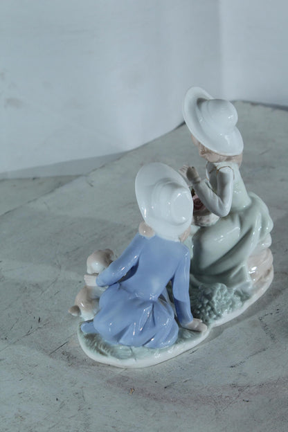 NIFAO Porcelain Figurine Two Girls with Puppy and Flowers 9"x4"x8"H