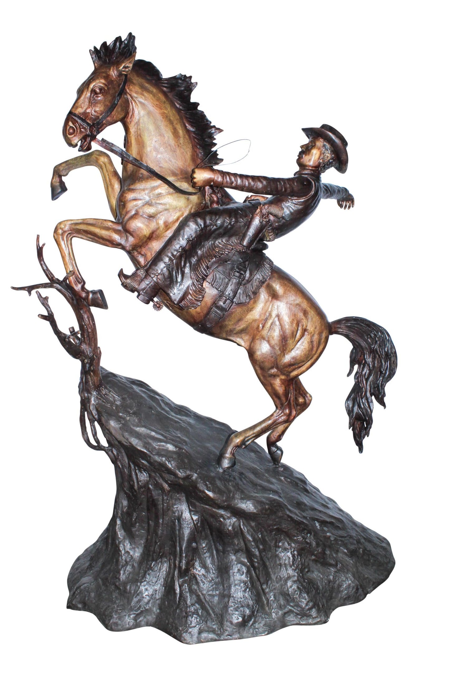 Life Size Bronze Cowboy on Rearing Horse Western Statue 60" x 37" x 81"H