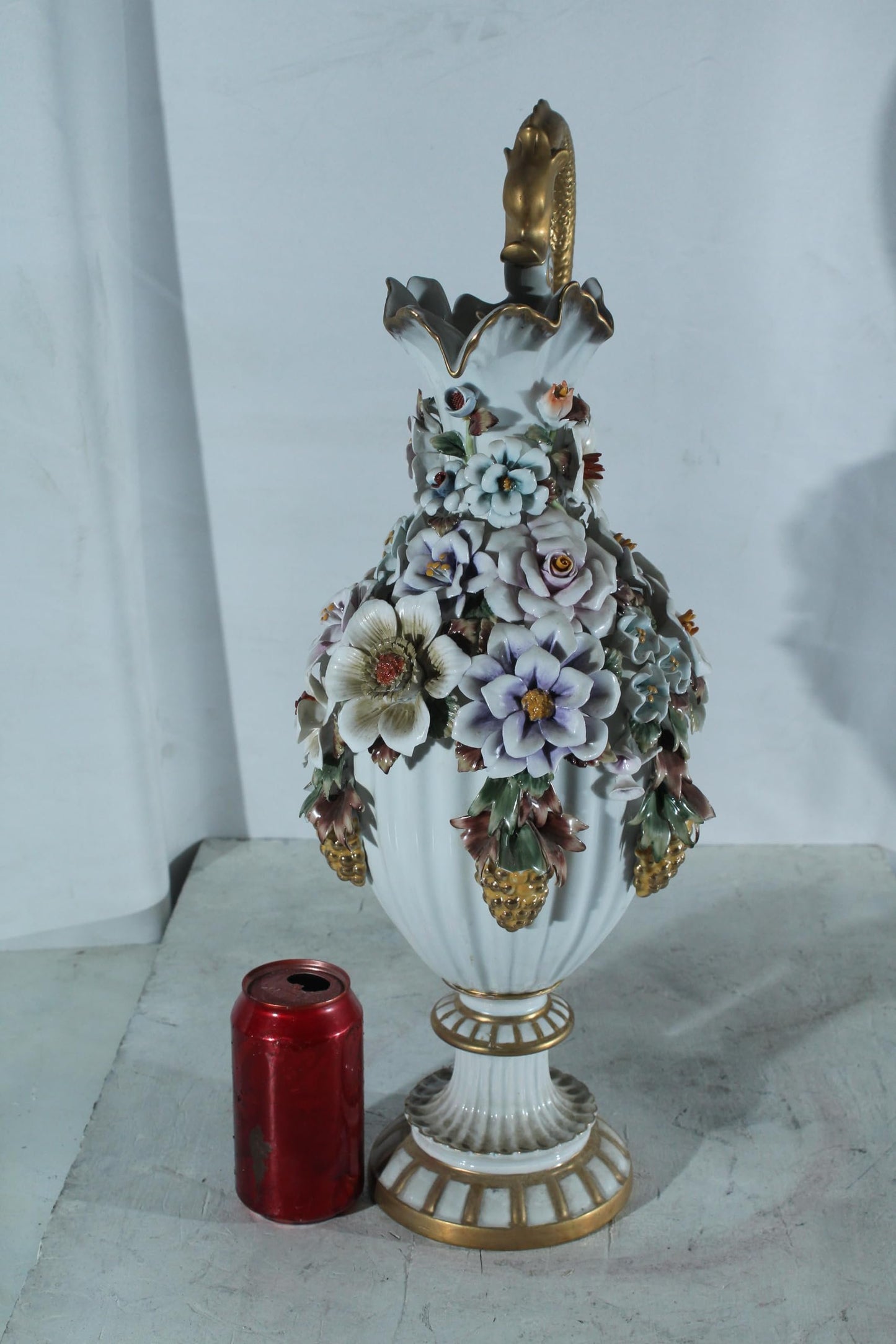 Porcelain Floral Ewer vase Ornate Handle 10"x7"x22"H