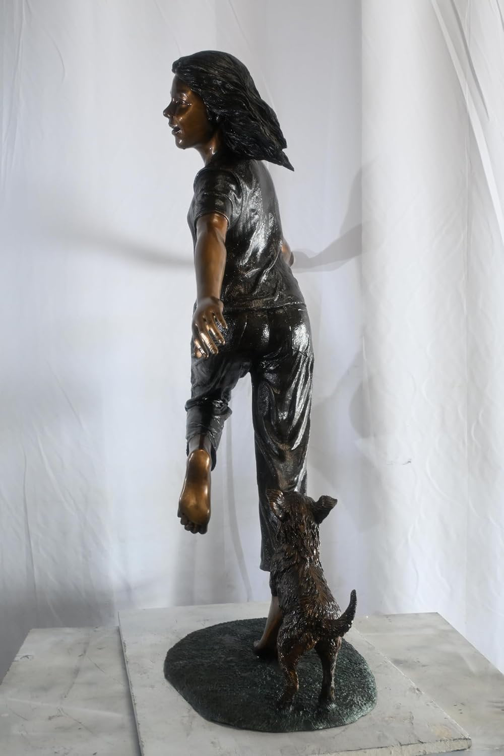 Joyful Barefoot Girl Running with Puppy Bronze Sculpture 49"x16"x51"H