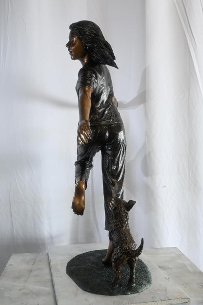 Joyful Barefoot Girl Running with Puppy Bronze Sculpture 49"x16"x51"H