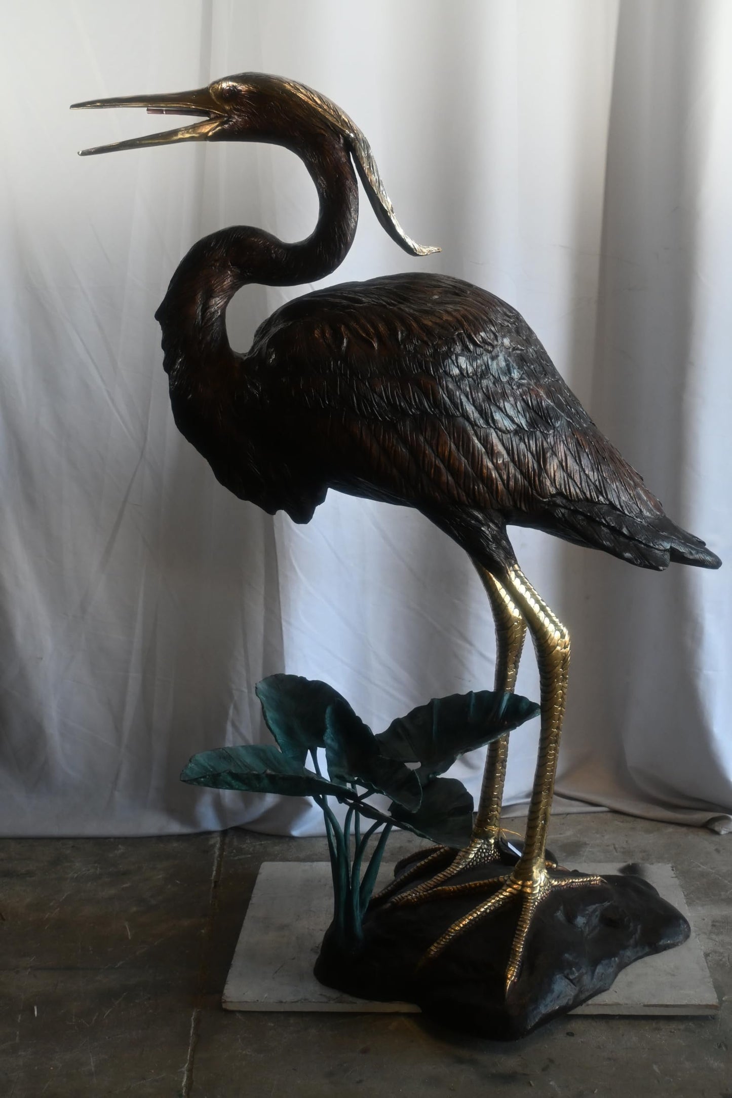 Large Bronze Heron Fountain Sculpture with Lily Pad Base 40"x29"x60"H