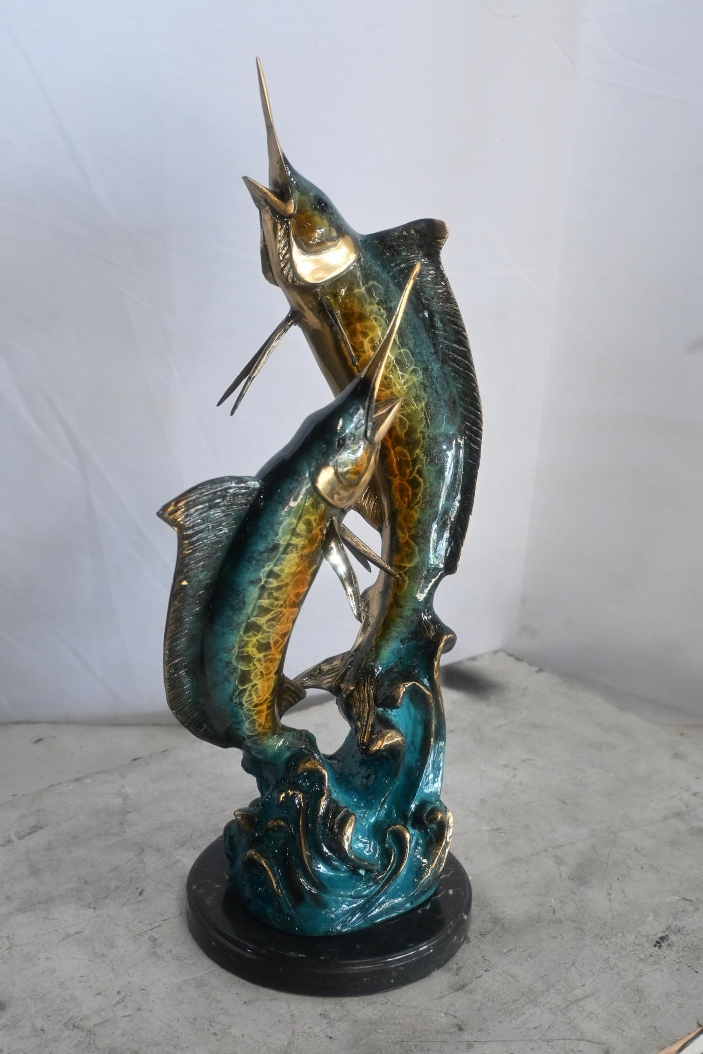 Two Marlin Bronze Sculpture Ocean Wave Game Fish 9"x9"x23"H