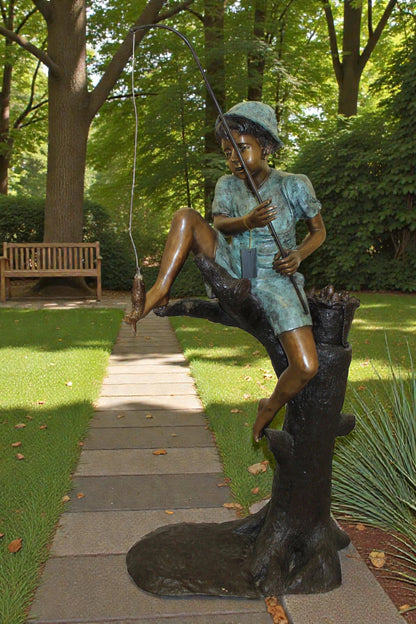 Boy Sitting on a Tree and Fishing Bronze Statue -  Size: 34"L x 28"W x 64"H.