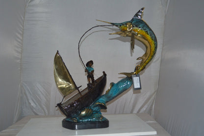 Old Man Fishing a Large Catch Bronze Statue -  Size: 27"L x 13"W x 30"H.