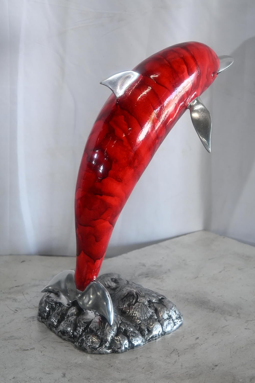 Leaping Red Dolphin Statue with Silver Fins Aluminum Art 15"x7"x18"H