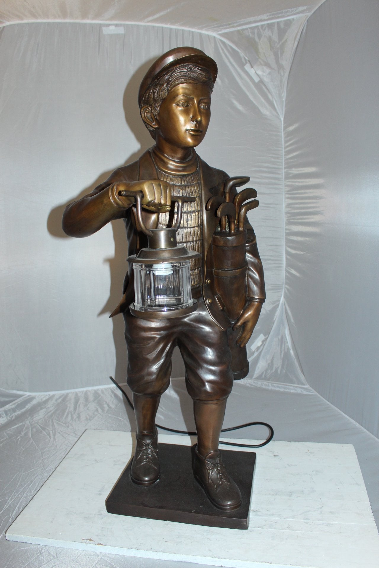NIFAO Bronze Golf Caddy Statue with Light Lantern - 42" H Garden Sculpture