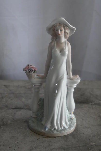 Porcelain Elegant Lady White Gown Hat Rose Basket Statue 6"x4"x12"H