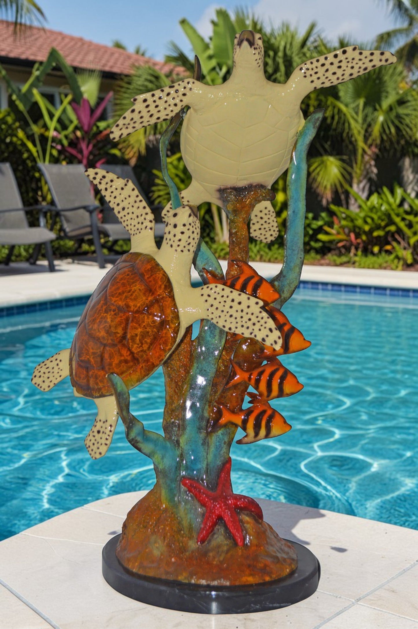 Two Turtles Swimming with Clown Fish Bronze Statue - Size: 18"L x 31"W x 42"H.