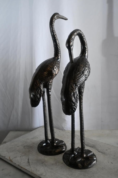 Elegant Pair of Standing Crane Birds Aluminum Sculptures 13"x16"x21"H