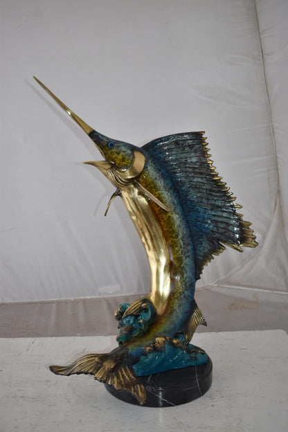 Gold And Blue Sailfish Swimming In Ocean Bronze Statue Size: 18" x 16" x 26"H