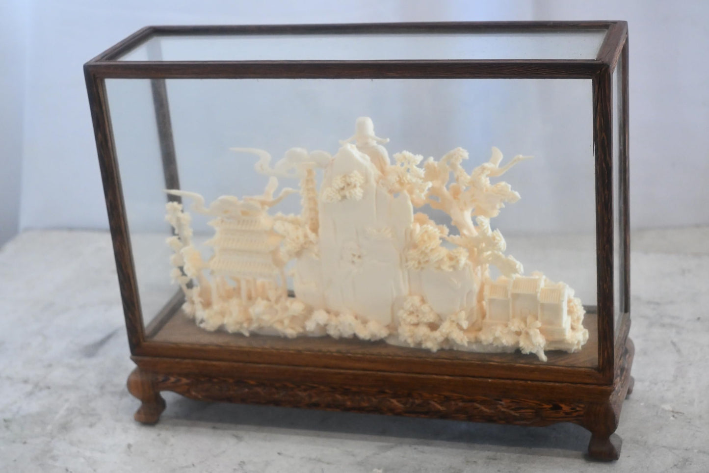 Carved Resin Chinese Scholar Landscape in Wood Case 12"x4"x9"H