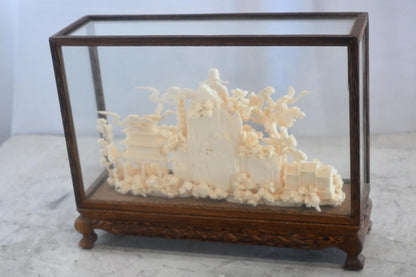 Carved Resin Chinese Scholar Landscape in Wood Case 12"x4"x9"H