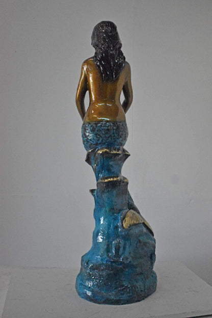 Mermaid Holding Two Fish Bronze Statue Color Finish - Size: 14" x 14" x 43"H.
