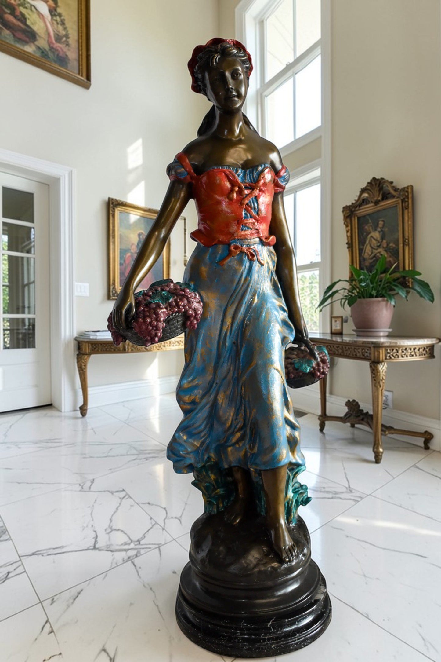 Tranquil Woman Strolling With Fruit Baskets Bronze Statue 13" x 10" x 30"H