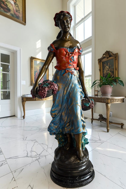 Tranquil Woman Strolling With Fruit Baskets Bronze Statue 13" x 10" x 30"H