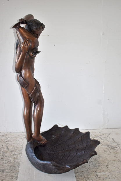 Lady Holds A Vase Standing on A Shell Bronze Fountain Size: 32" x 31" x 55"H