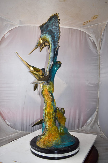 Set Of Intertwined Sailfish and Marlin Colored Bronze Statue  27" x 20" x 47"H