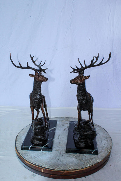 Bronze Pair of Deer Statues on Marble Base Lost Wax Method 15" x 10" x 21"H