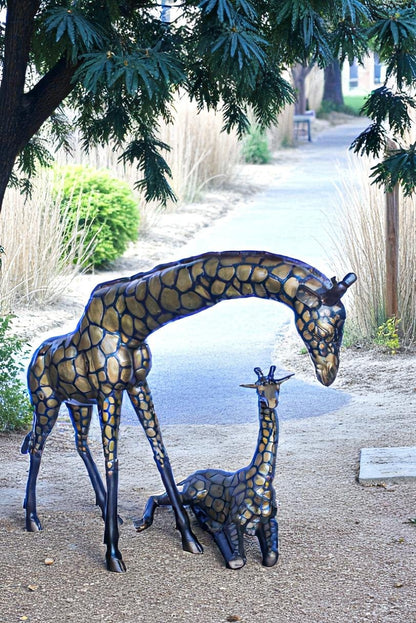 Life Size Bronze Giraffes Statues, One Laying, One Standing 77" x 21" x 58"H