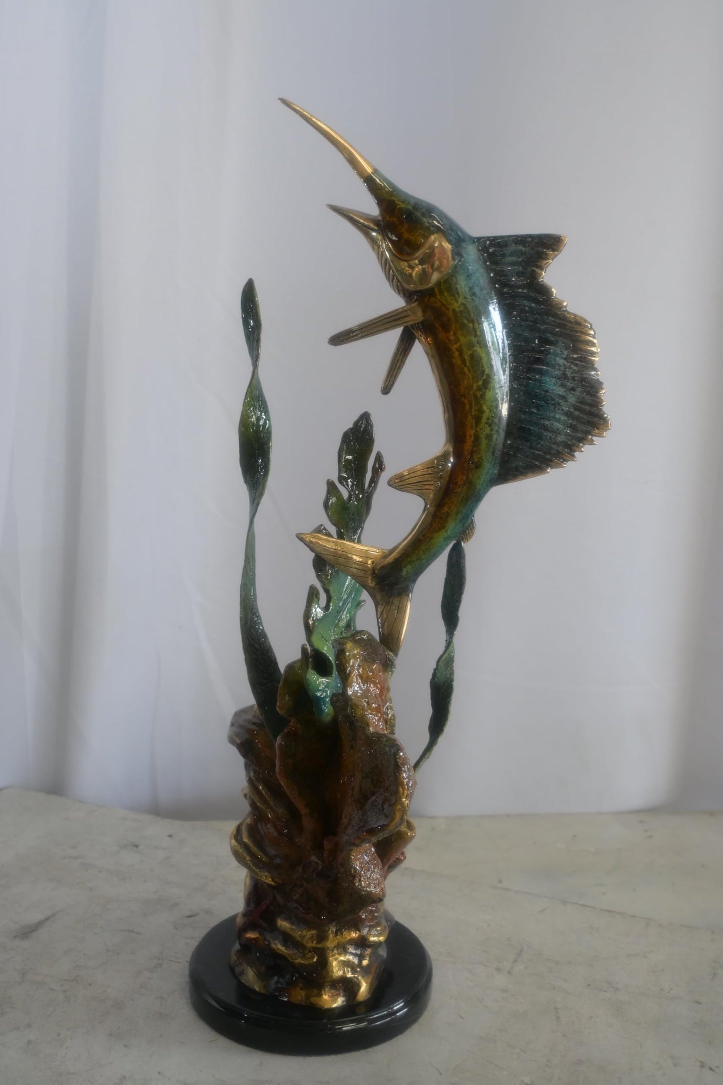 Bronze Sailfish Sculpture on Coral Seaweed Base Marble 11"x7"x24"H