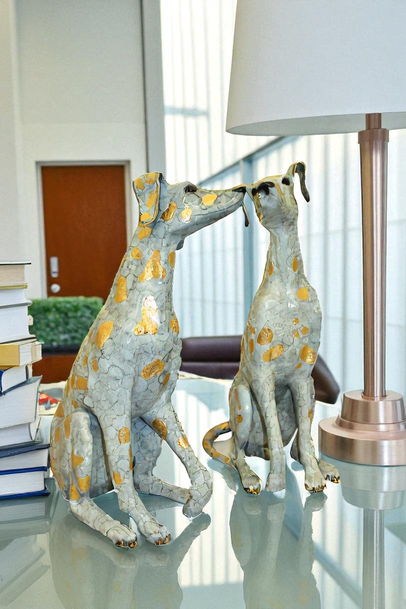 Pair of Golden Pleated Dalmatians Sitting Bronze Statue -  21"L x 16"W x 35"H.