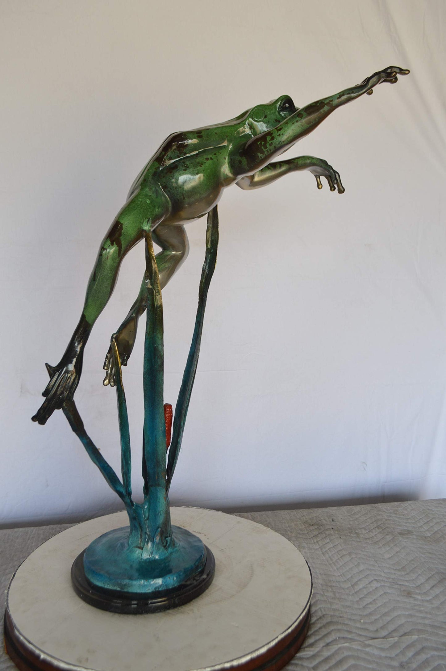 Large Frog Jumping Forward Bronze Statue on Marble -  Size: 25"L x 15"W x 36"H.