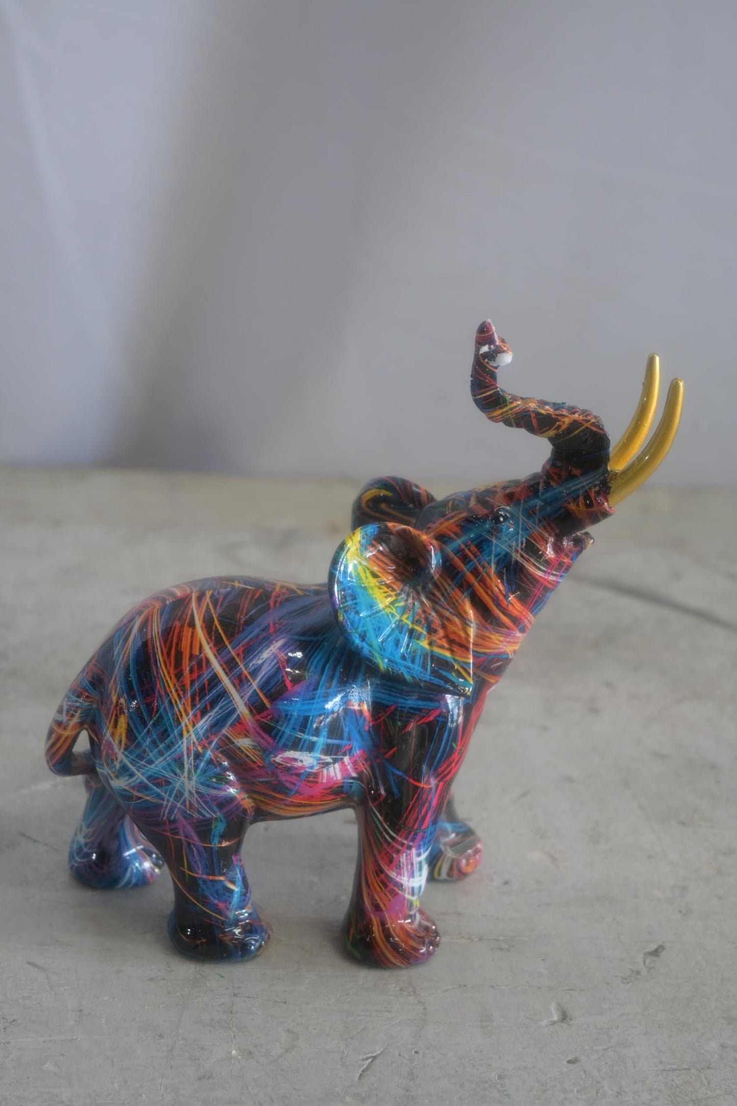 Resin Pop Art Splatter Paint Elephant Sculpture Gold Tusk 7"x3"x8"H
