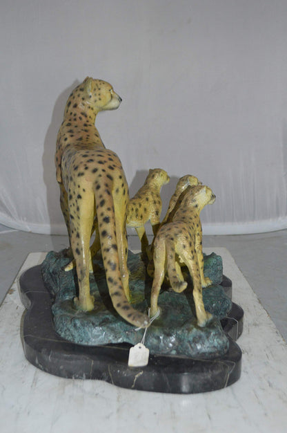 Cheetah Family Bronze Statue on Marble -  Size: 24"L x 14"W x 18"H.