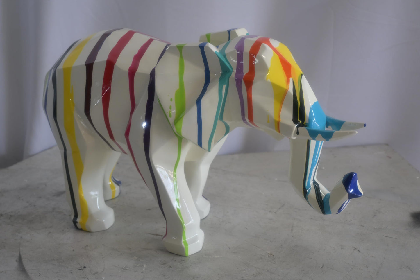 Geometric Resin Elephant Statue with Multicolor Drip Art 22"x8"x12"H