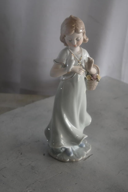 Porcelain Girl with White Doves and Flower Basket Statue 6"x4"x12"H