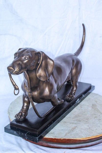 Detailed Dachshund Dog Walking Bronze Statue Mounted on Marble 29" x 8" x 15"H