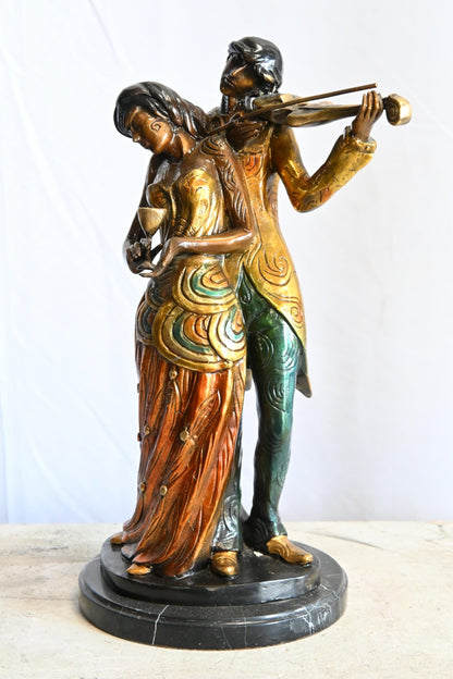 Romantic Couple Bronze Statue Violin Marble Base Music 11"x10"x19"H