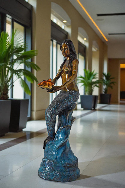Mermaid Holding Two Fish Bronze Statue Color Finish - Size: 14" x 14" x 43"H.