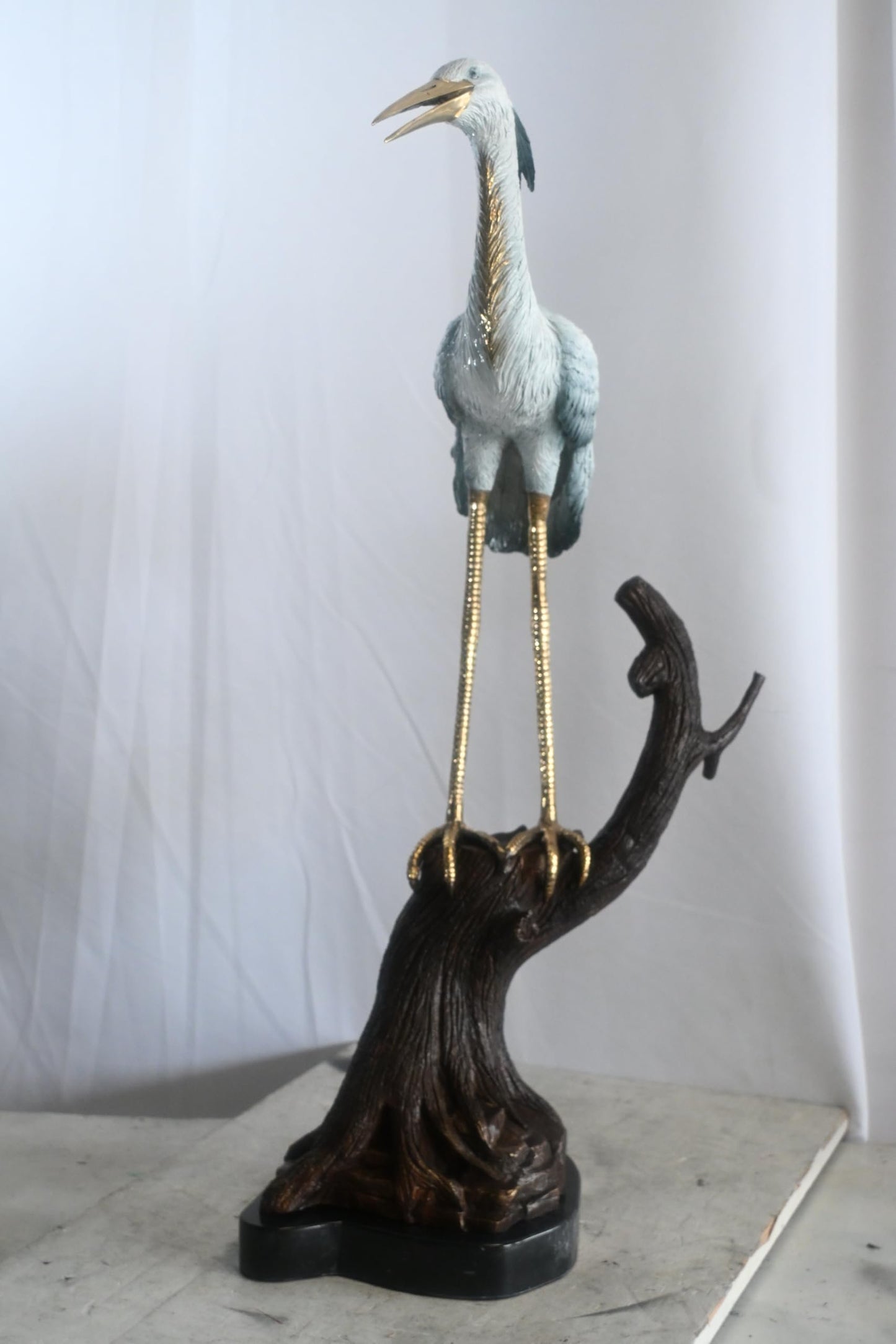 Bronze Heron Statue on Driftwood Marble Base Sculpture 17"x17"x37"H