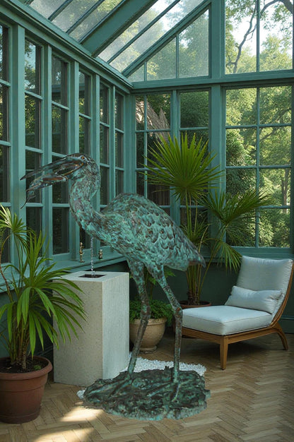 Heron Fountain with Prey Bronze Statue -  Size: 14"L x 24"W x 26"H.