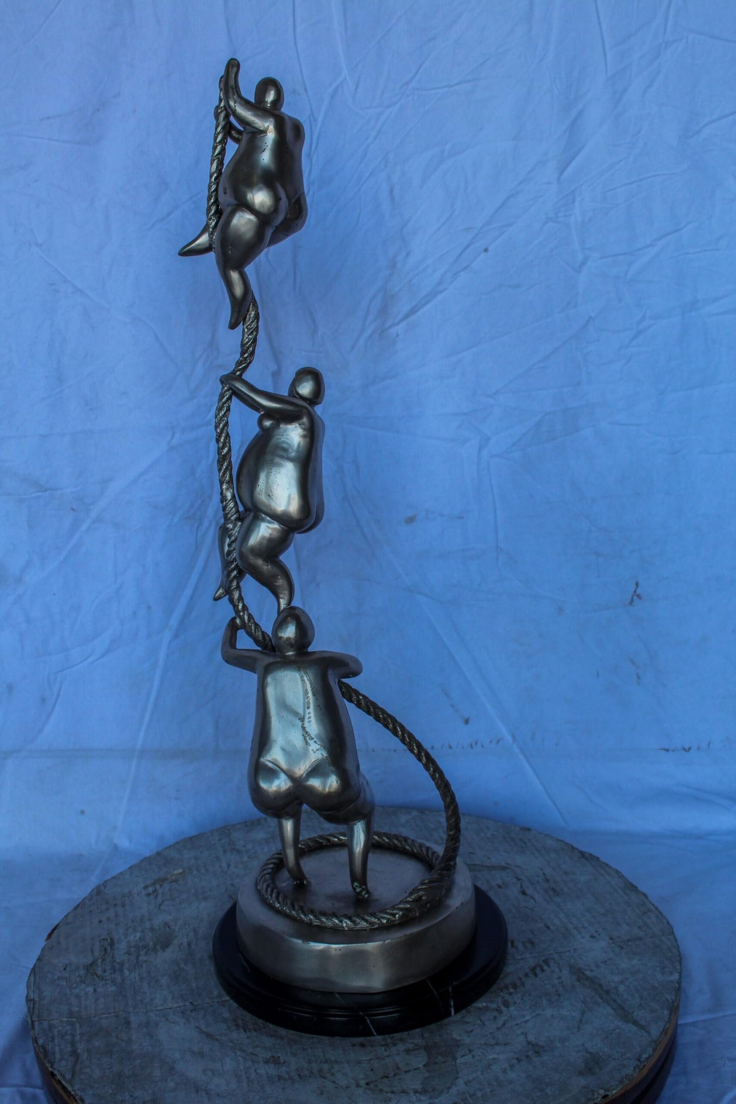 Three Voluptuous Women Climbing a Rope Statue, Silver Finish 12" x 12" x 32"H