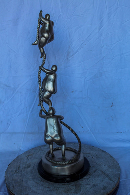 Three Voluptuous Women Climbing a Rope Statue, Silver Finish 12" x 12" x 32"H