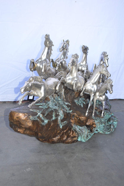 Eight Horses Running Bronze Statue Silver Finish -  Size: 59"L x 20"W x 28"H.