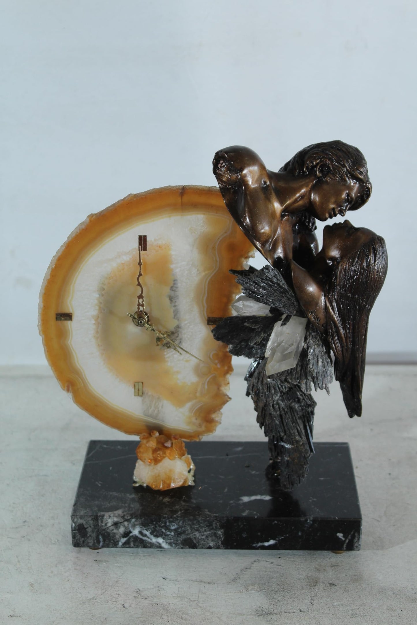 NIFAO Angel Clock Sculpture with Agate Bronze Art by Vidal Spain 10"x5"x12"H