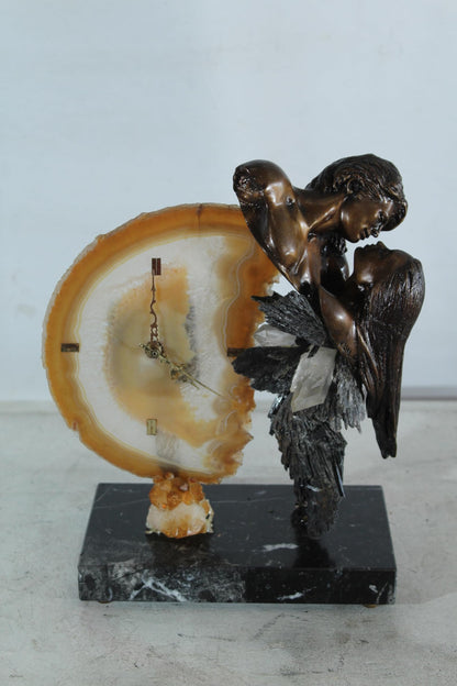 NIFAO Angel Clock Sculpture with Agate Bronze Art by Vidal Spain 10"x5"x12"H