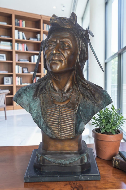 Indian Tribe Leader Bust bronze statue - Size: 22"L x 15"W x 32"H.