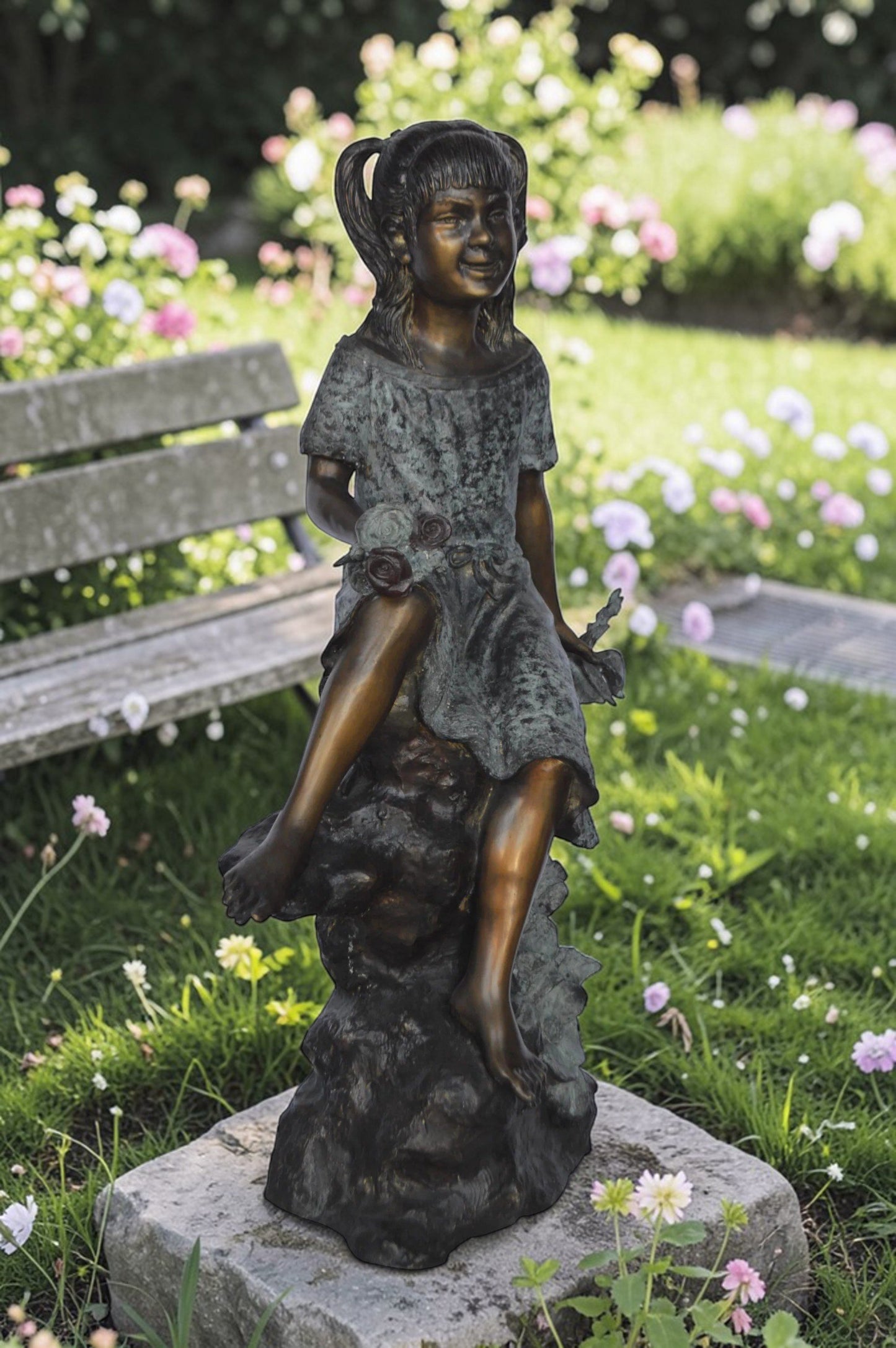 Girl on Tree  Trunk Holding Flowers Bronze Statue -  Size: 26"L x 11"W x 36"H.