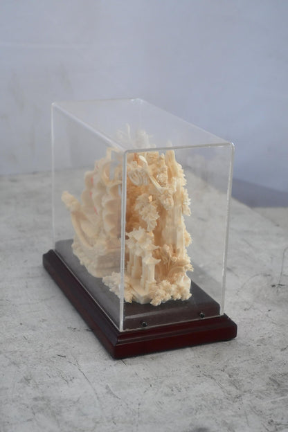 Carved Resin Chinese Sailing Junk Ship Diorama in Case 8"x4"x7"H