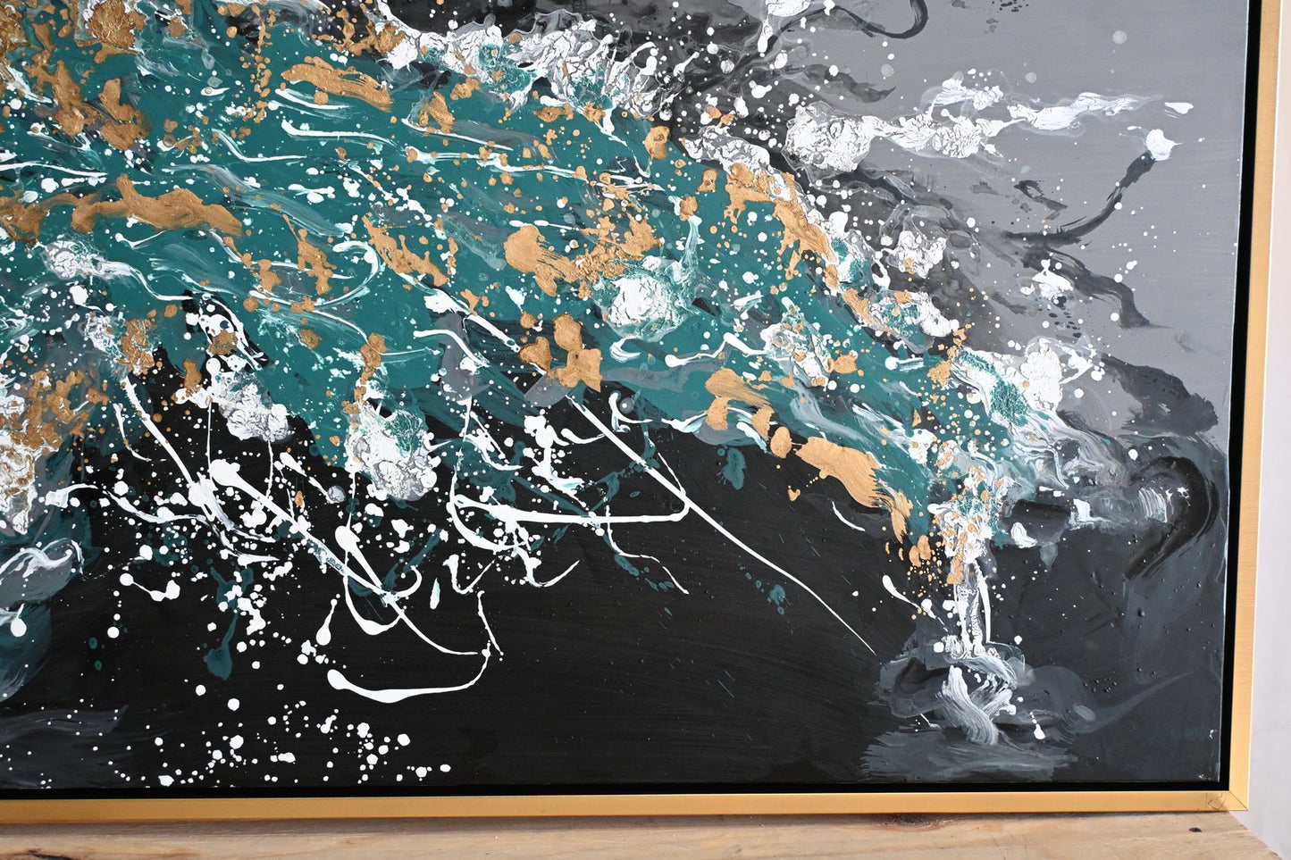 Splash of Green Abstract Canvas Painting Teal Gold Framed 41"x61"