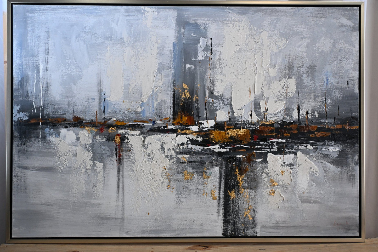 Paris Abstract Gray Gold Canvas Wall Art Framed Painting 61"x41"